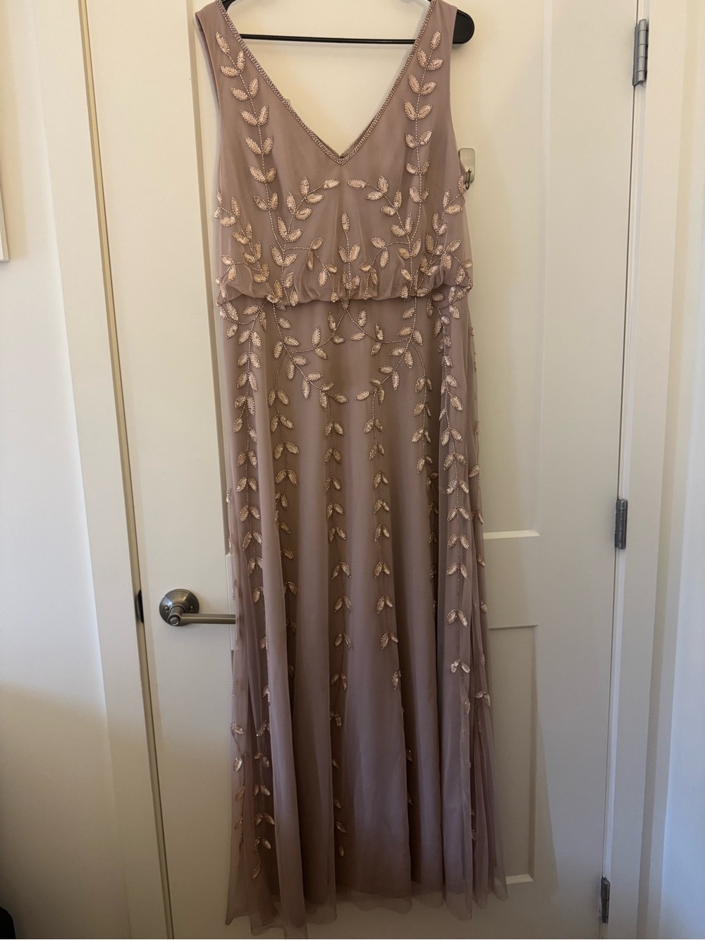 Adrianna Papell Beaded Mauve Beaded Floral Formal Dress with V-Neck